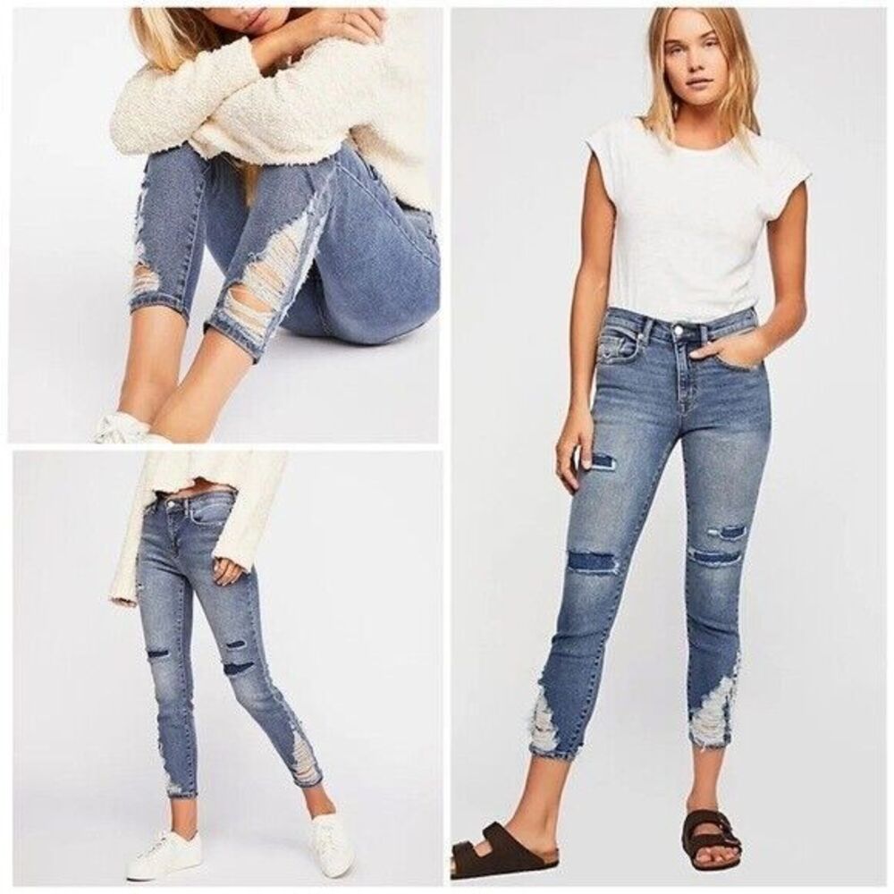 WE THE FREE PEOPLE About A Girl Distressed Skinny Denim Blue Jeans SIZE 28